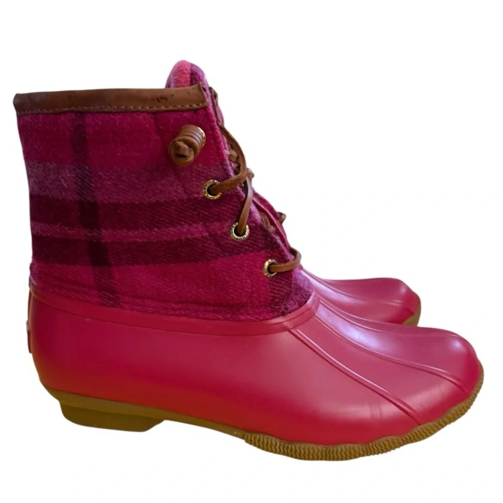 Sperry Saltwater Plaid Wool‎ Duck Boot, Pink, Size 5